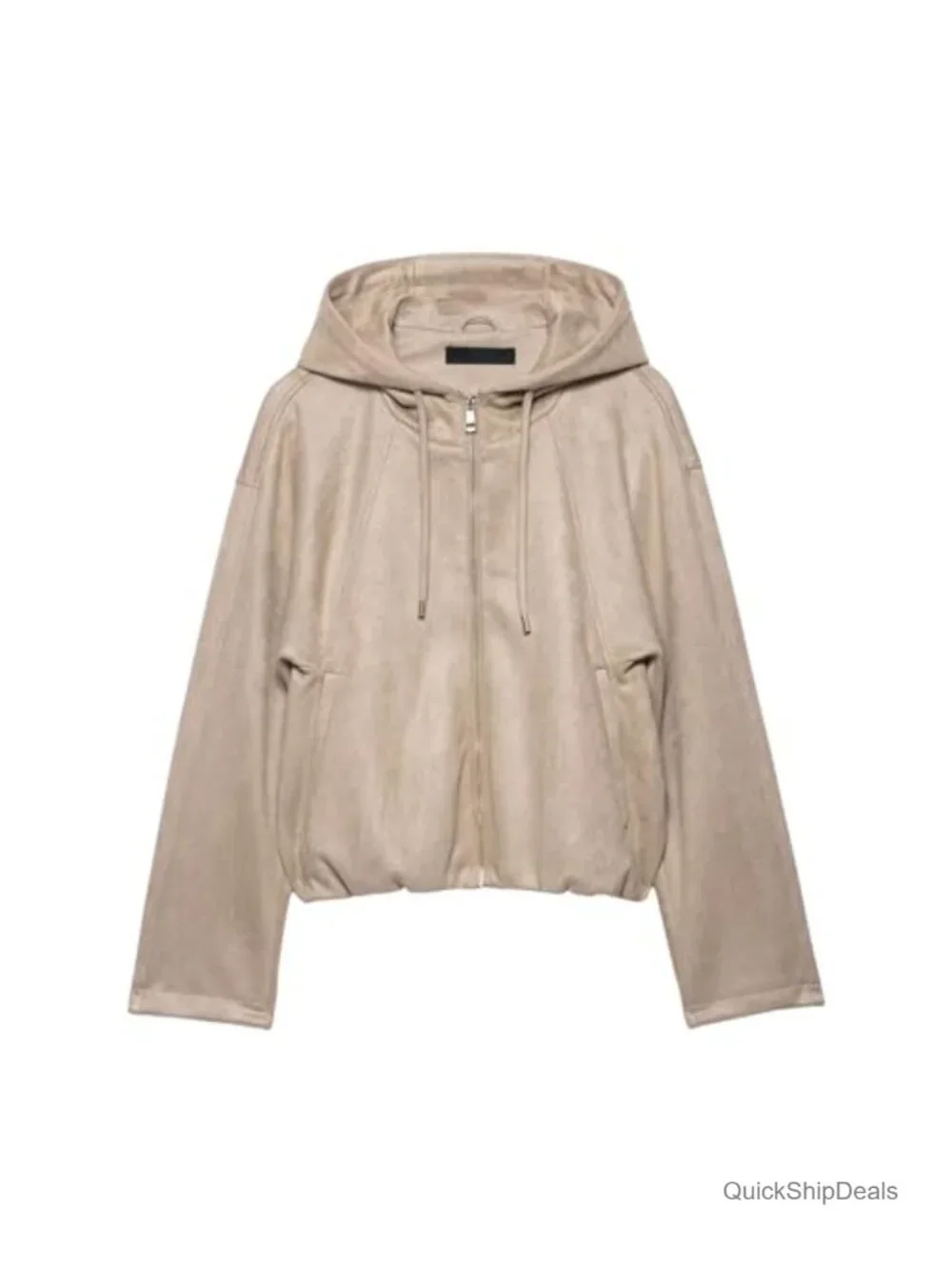 Faux Suede Hooded Bomber Jacket Women Drawstring Zipper Crop